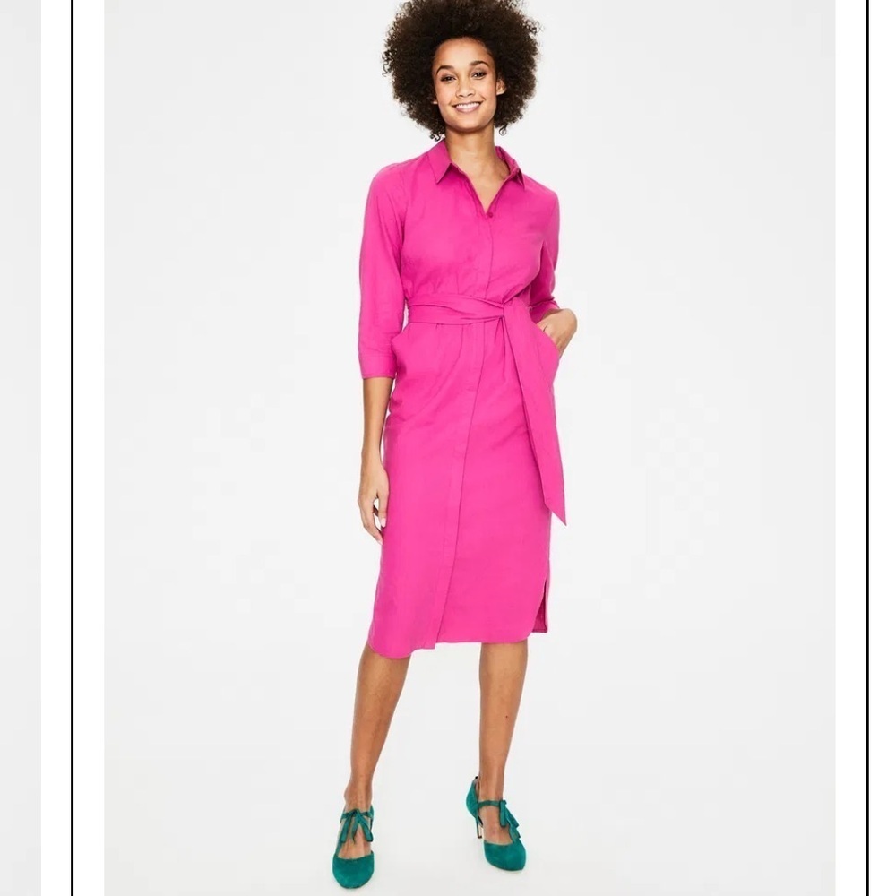 Boden Freya Linen Blend Button Down Vibrant Pink Belted Shirt Dress size 6P